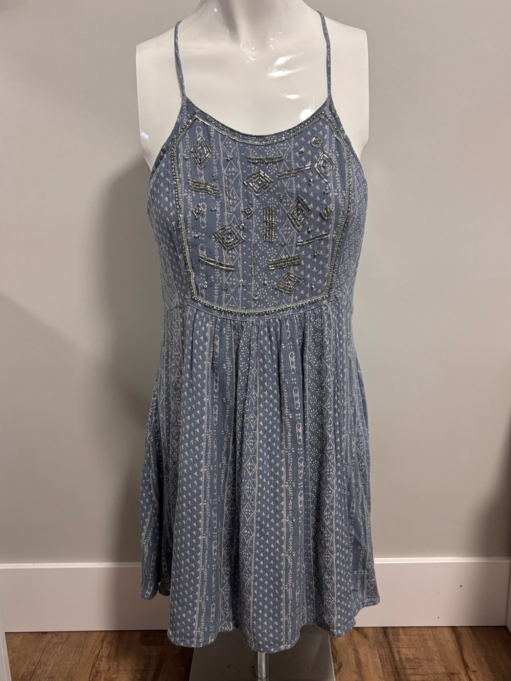 Early 2000’s Hollister Blue Printed Mini Dress with Beaded Detail